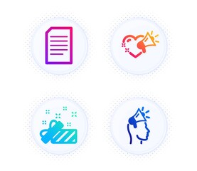 Love message, Document and Present icons simple set. Button with halftone dots. Brand ambassador sign. Heart, Information file, Gift. Megaphone. Business set. Gradient flat love message icon. Vector