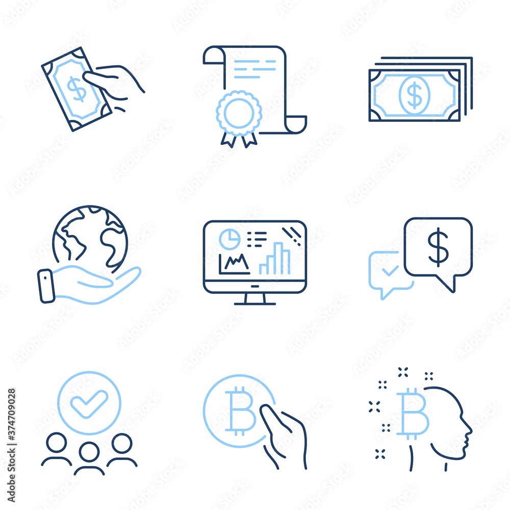 Poster bitcoin think, payment and analytics graph line icons set. diploma certificate, save planet, group o