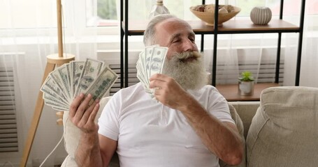 Senior man feeling satisfied and stress free by moving american dollar bills on his beard with both hands 