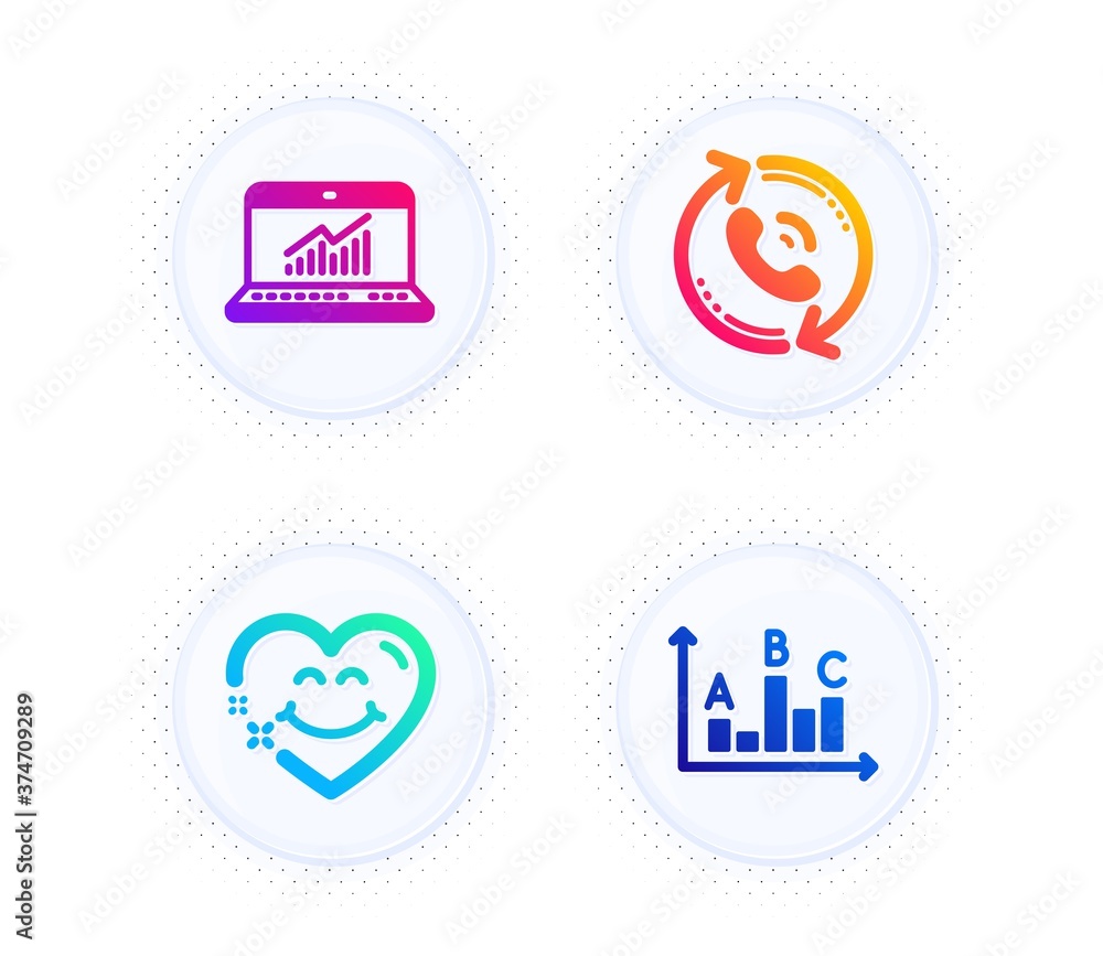 Poster smile face, call center and online statistics icons simple set. button with halftone dots. survey re