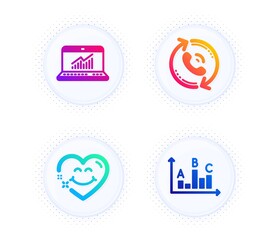 Smile face, Call center and Online statistics icons simple set. Button with halftone dots. Survey results sign. Love heart, Recall, Computer data. Best answer. Technology set. Vector