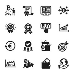 Set of Finance icons, such as Target, Loan percent. Certificate, approved group, save planet. Bitcoin atm, Bitcoin project, Buying. Trade chart, Wallet, Discount. Vector