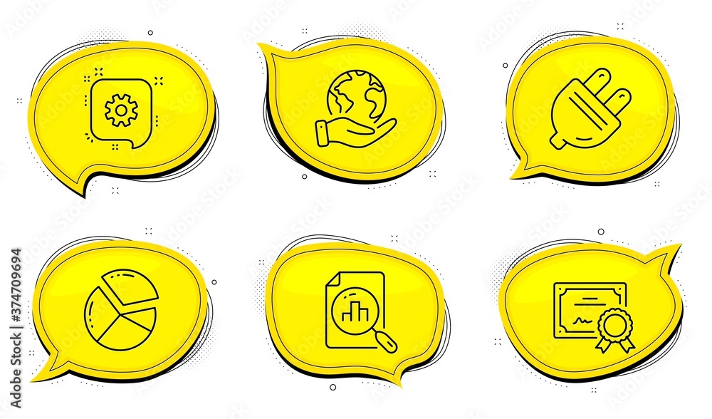 Poster electric plug sign. diploma certificate, save planet chat bubbles. cogwheel, pie chart and analytics
