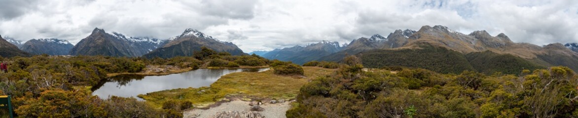 Panoramic view from Key Summit to the mountains of Fiordland National Park, Southland/New Zealand