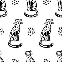 Seamless vector pattern with hand drawn cheetah. Trendy naive style