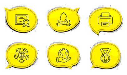 Printer sign. Diploma certificate, save planet chat bubbles. Water splash, Eco organic and Best rank line icons set. Aqua drop, Bio ingredients, Success medal. Printing device. Business set. Vector