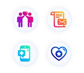 Mail letter, Medical phone and Friends couple icons simple set. Button with halftone dots. Heart sign. Read e-mail, Mobile medicine, Friendship. Star rating. Business set. Vector