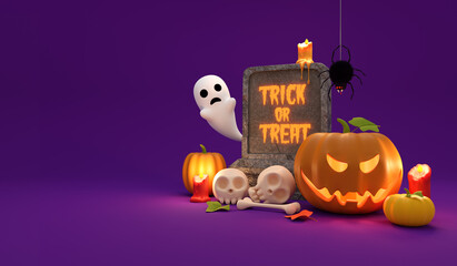 Fototapeta premium Halloween poster with pumpkins and other traditional Halloween decorations. Place for text