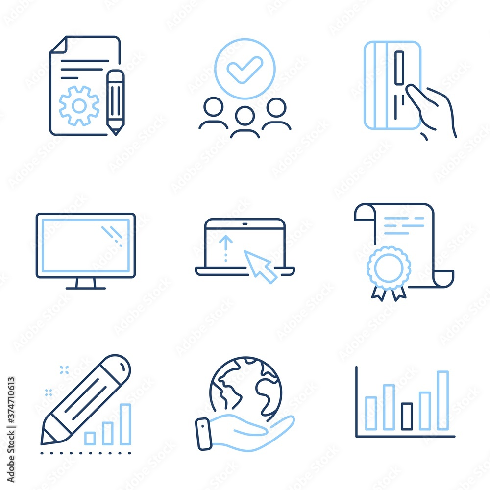 Poster documentation, monitor and edit statistics line icons set. diploma certificate, save planet, group o