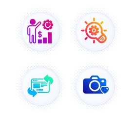 Cogwheel, Employees wealth and Refresh website icons simple set. Button with halftone dots. Photo camera sign. Idea bulb, Results chart, Update internet. Love photos. Science set. Vector