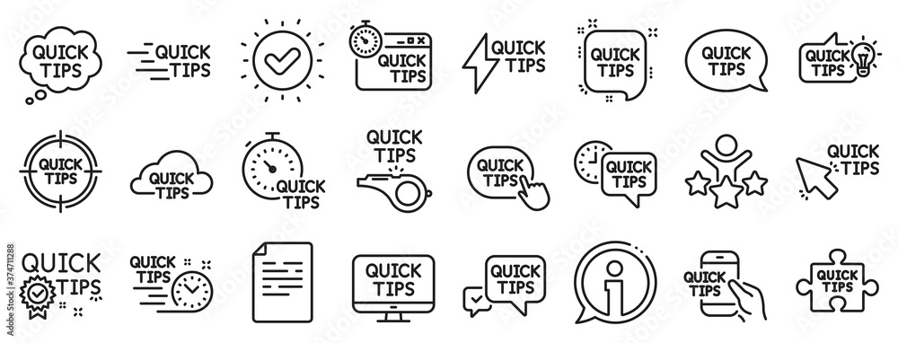 Poster set of helpful tricks, solution and quickstart guide linear icons. quick tips line icons. tutorial, 