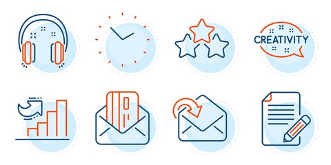 Article, Credit card and Headphones signs. Receive mail, Creativity and Ranking stars line icons set. Growth chart, Time symbols. Incoming message, Inspiration. Education set. Vector