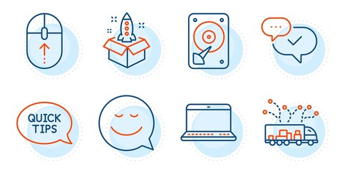Smile, Notebook and Truck delivery signs. Startup, Swipe up and Hdd line icons set. Approved, Quickstart guide symbols. Innovation, Scrolling page. Technology set. Outline icons set. Vector