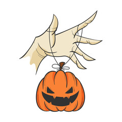 Illustration Vector of Hand Hanging a Cute Halloween Pumpkin