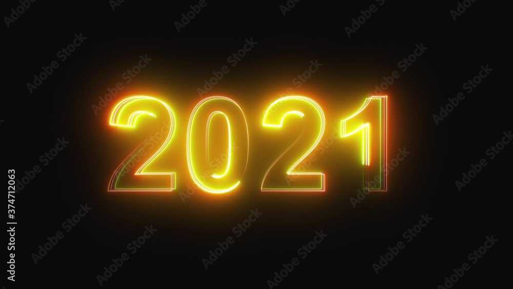 Poster 3d rendering background with multi-colored neon text 2021 on black. computer generated bright festiv
