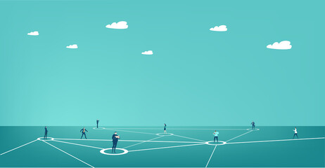  Business people standing at connection points, organising network, community, work together, support and integrating into business. Business concept illustration.