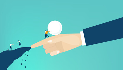 Hand of big boss, businessman helps to little people to find a way. Support, sorting the problems, advisory, control. Business concept illustration.