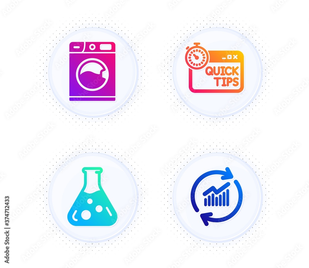 Poster chemistry lab, quick tips and washing machine icons simple set. button with halftone dots. update da