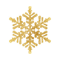 Gold glitter texture snowflake isolated on white background. Vector illustration.
