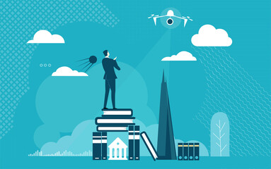Successful businessman stands on books and looking at flying drone. Collect information, internet and personal data protection, private zone security. Business concept illustration.