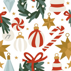 Vector design for Christmas greetings seamless pattern. Xmas background and other printables. Winter holidays design elements and decorations.