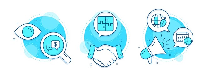 Environment day, Calendar and Puzzle line icons set. Handshake deal, research and promotion complex icons. Payment received sign. Safe world, Time, Engineering strategy. Money. Technology set. Vector