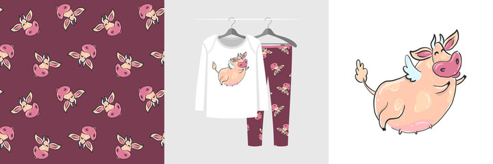 Seamless pattern and illustration set with big funny flying cow