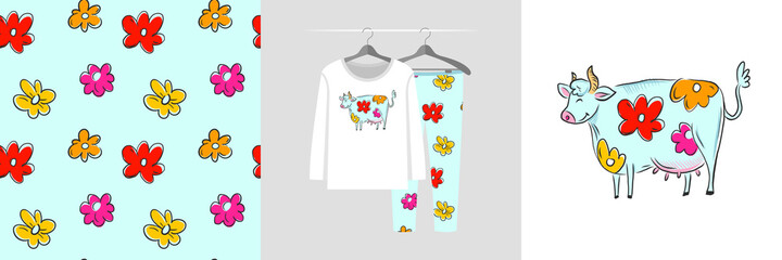 Seamless pattern and illustration set with big flower cow