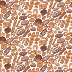 Bread, loaf, baguette, bun, croissant and more items illustration in graphic sketch style. Vector hand drawn vintage colorful seamless patten for poster, label and  menu bakery shop.