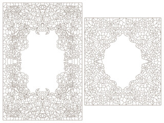 Set of contour illustrations of stained glass Windows with flowers of roses, dark outlines on a white background