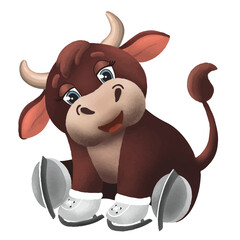 Cute little baby bull in skates illustration for kids vector. New Year. Winter