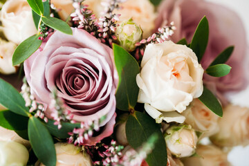 Wedding bouquet background. Pink rose flower. Romantic floral texture.