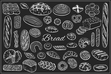 Bread, loaf, baguette, bun, croissant and more items illustration set in graphic sketch style. Vector hand drawn vintage engraving illustration for poster, label and  menu bakery shop.