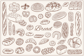 Bread, loaf, baguette, bun, croissant and more items illustration set in graphic sketch style. Vector hand drawn vintage engraving illustration for poster, label and  menu bakery shop.