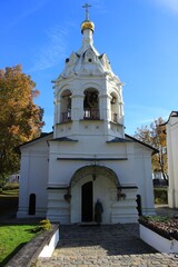 Small Orthodox church with a bell tower. Moscow region. Russia.
