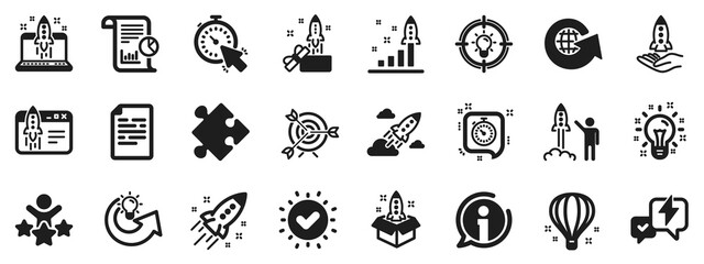 Fototapeta na wymiar Launch Project, Business report, Target icons. Startup icons. Strategy, Development plan, Startup space rocket. Air balloon, Out of the Box strategy and Business innovation report. Vector