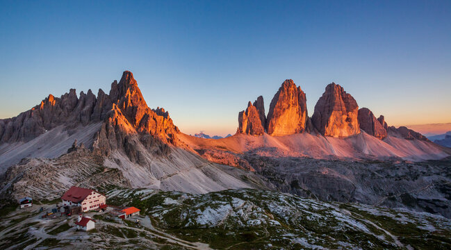 Sunset landscape of Locatelli shelter, Tre cime di Lavaredo, Italy
