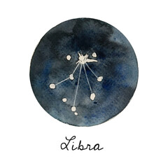 Fototapeta premium Astrology, stars constellation of libra, watercolor illustration of galaxy, space, starry sky. Dark blue background of space.