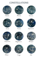 Astrology, stars constellation poster, watercolor illustration of galaxy, space, starry sky. Dark blue background of space. © olga