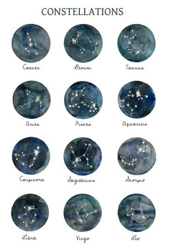 Astrology, stars constellation poster, watercolor illustration of galaxy, space, starry sky. Dark blue background of space.