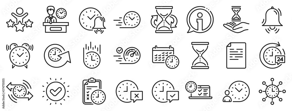 Poster set of calendar, time management timer and delivery service linear icons. time line icons. checklist
