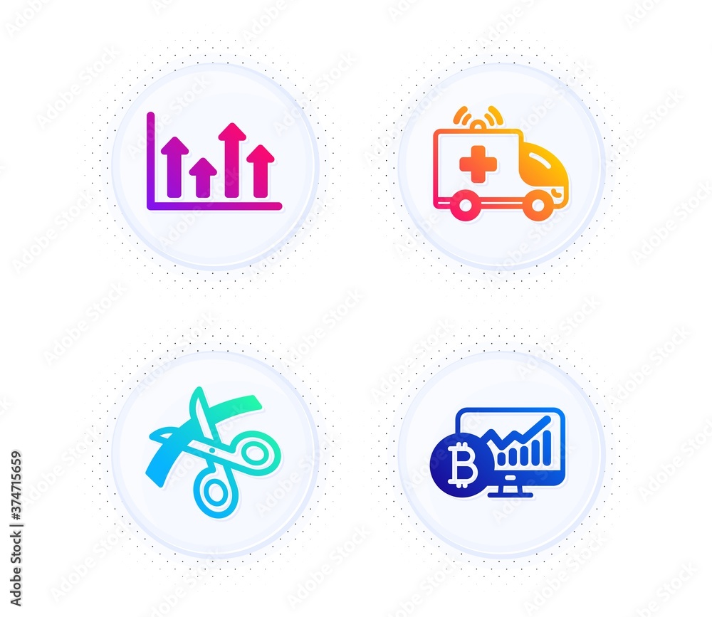 Poster upper arrows, ambulance car and scissors icons simple set. button with halftone dots. bitcoin chart 