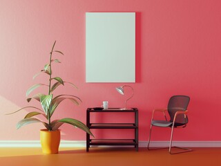 Mock up poster 2A0 size, modern minimalistic room with a shelf and chair, 3d illustration, 3d render