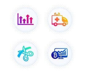 Upper arrows, Ambulance car and Scissors icons simple set. Button with halftone dots. Bitcoin chart sign. Growth infochart, Emergency transport, Cutting ribbon. Cryptocurrency statistics. Vector