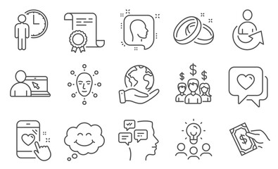 Set of People icons, such as Face biometrics, Head. Diploma, ideas, save planet. Salary employees, Smile, Heart rating. Pay money, Messages, Wedding rings. Share, Online education, Heart. Vector