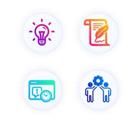 Idea, Feather and Project deadline icons simple set. Button with halftone dots. Employees teamwork sign. Light bulb, Copyright page, Time management. Collaboration. Science set. Vector