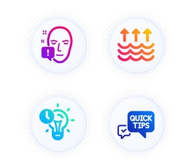 Time management, Face attention and Evaporation icons simple set. Button with halftone dots. Quick tips sign. Idea lightbulb, Exclamation mark, Global warming. Helpful tricks. Science set. Vector