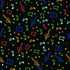 Vector musical seamless pattern in doodle style with colored notes. Delicate, musical background. For wrapper or cover. Cheerful drawing.