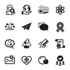 Obraz premium Set of Business icons, such as Talk bubble, Paper plane. Certificate, approved group, save planet. Ole chant, Moisturizing cream, Yummy smile. Credit card, Chemistry atom, Megaphone. Vector