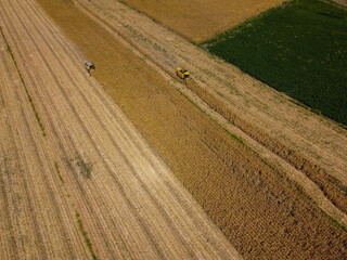 Aerial photography of combine harvester harvesting corn crop field from drone point of view